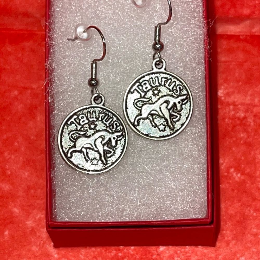 TAURUS IRON & SILVER DOUBLE SIDED ZODIAC DROP EARRINGS